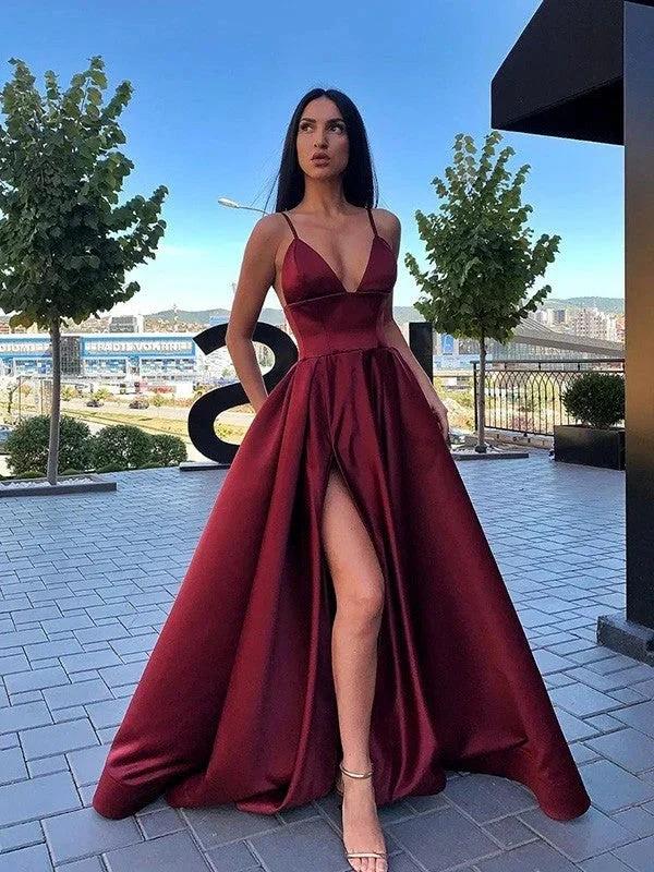 Elegant Long A-line V-Neck Front Slit Satin Prom Dress with Pockets by BIZTUNNEL