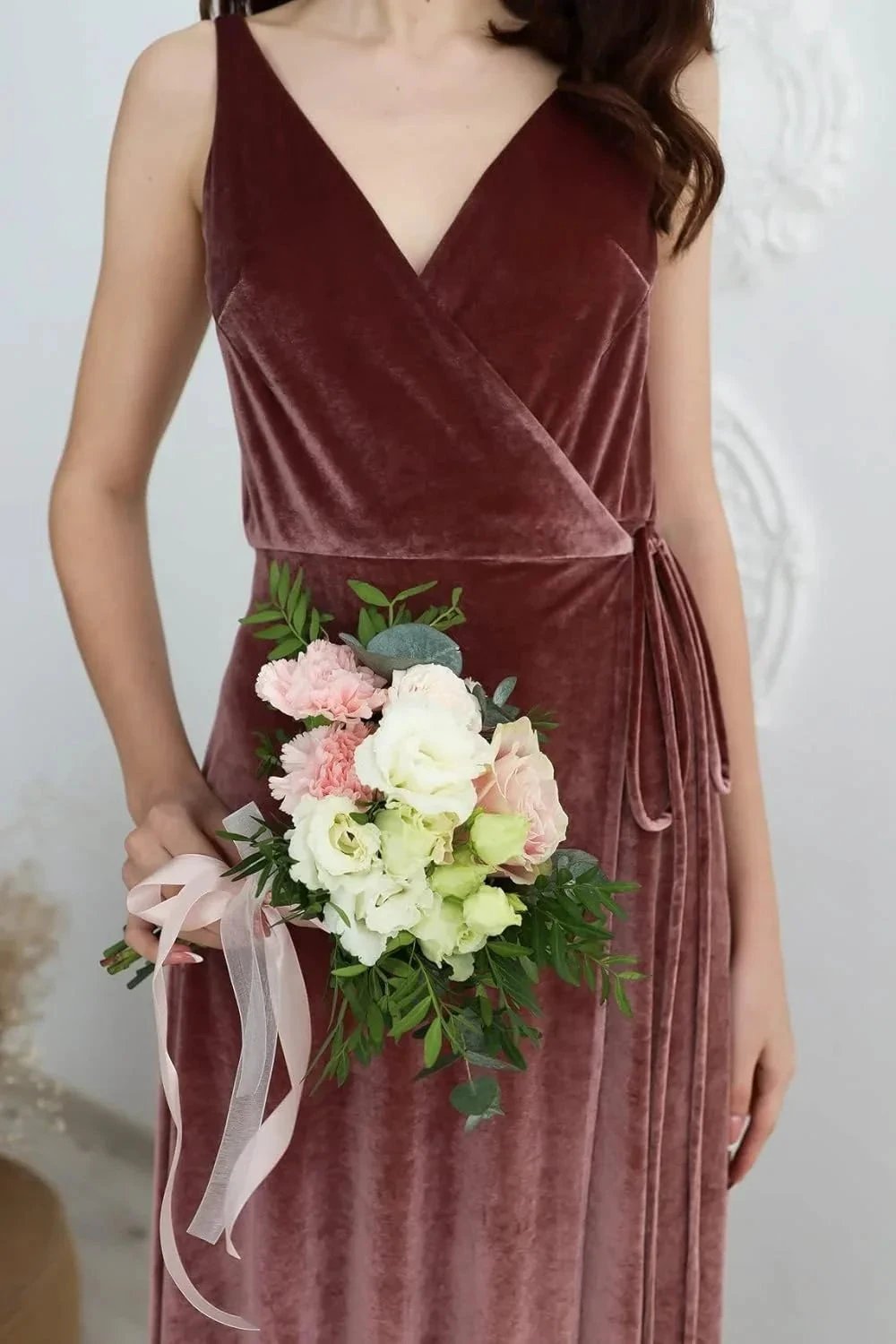 Velvet V Neck Bridesmaid Dress Long Women&