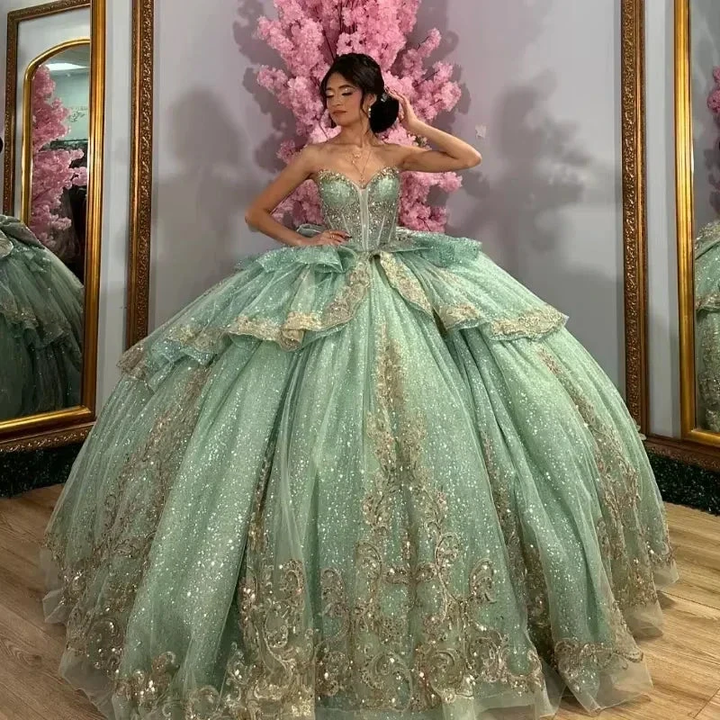 Green Quinceanera Dresses Crystals Beading Gold Applique Lace Bow Ball Gown Sweet 16 Birthday Prom Dress Y8115 by simplepromdress