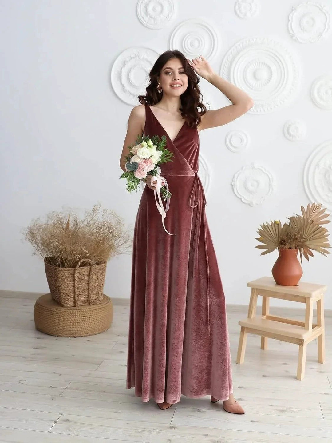 Velvet V Neck Bridesmaid Dress Long Women&