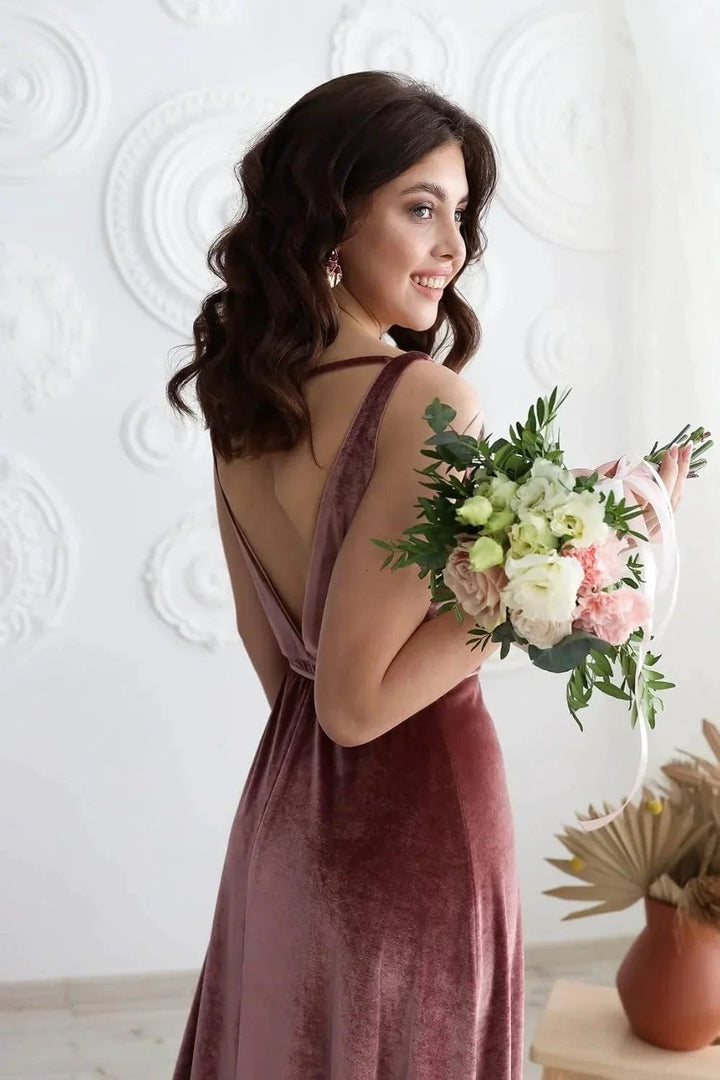 Velvet V Neck Bridesmaid Dress Long Women&