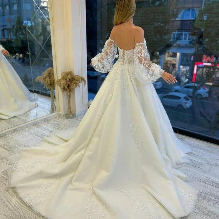 Sweetheart Tulle Wedding Dresses Off Shoulder Lace Up Appliqued Beaded Vestido De Noiva 2022 Puffed sleeves Lace Bridal Dress by payinti