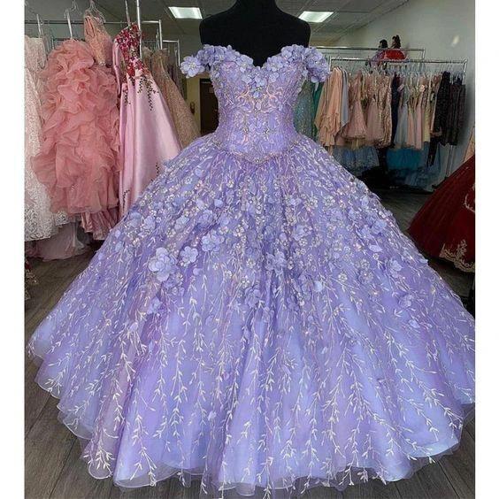Romantic Lavender 3D Floral Flowers Quinceanera Dresses Off Shoulder Ball Gown Sweet 16 Dress Y1152 by simplepromdress