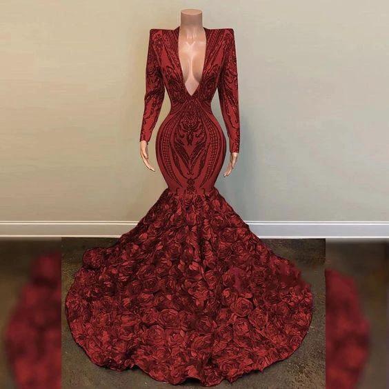 Luxury Prom Dress V Neck Long Sleeves Sequin African Black Girl Mermaid Gala Formal Party Evening Gowns Y1153 by simplepromdress