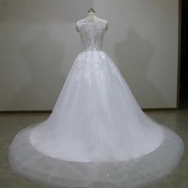 Scoop Lace Applique A Line Wedding Dresses Sleeveless Illusion Tulle Boho Bridal Gown Vestido De Noiva by payinti