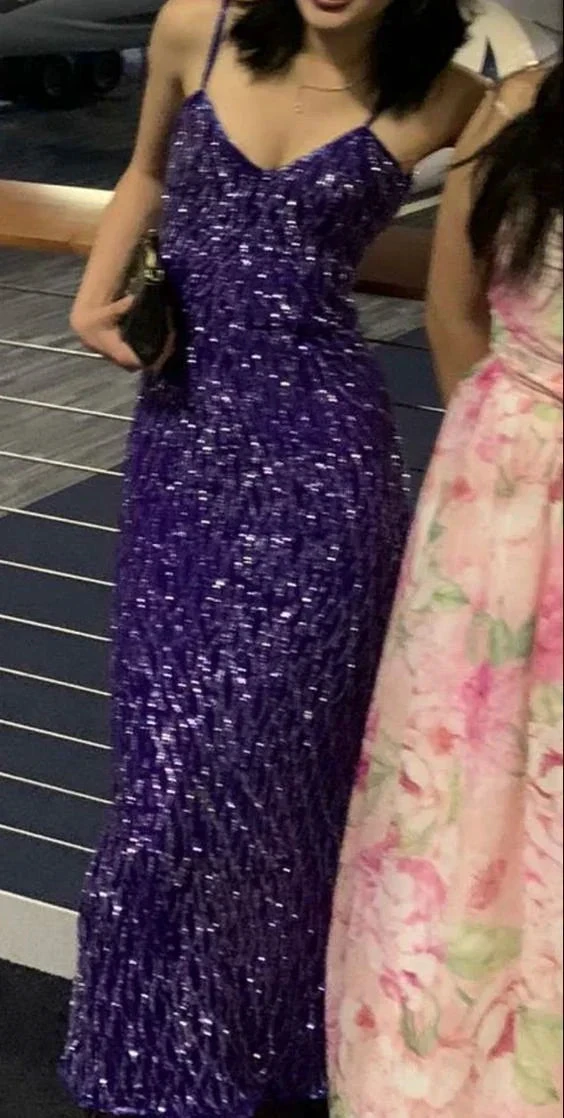 Sexy Spaghetti Straps V Neck Sequins Prom Dress Purple Mermaid Formal Party Evening Dress Y7558 by simplepromdress