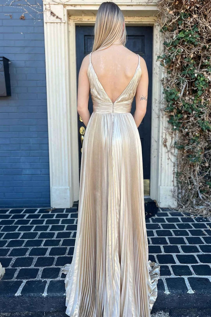 Barbara | Plunging V-Neck Gold Pleated Long Prom Dress by KissProm