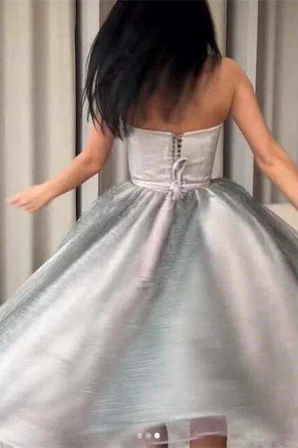 Strapless Silver A-Line Short Prom Dress Ruffle With Sequins and Tulle by BIZTUNNEL