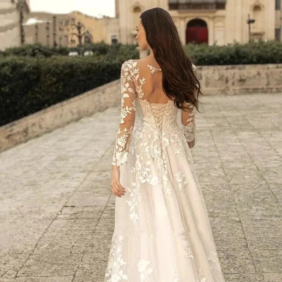 Elegant Round Neck Wedding Dresses 2023 Lace Long Sleeve Decal A-line Fashion Women&