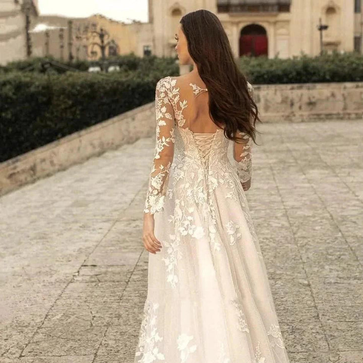 Elegant Round Neck Wedding Dresses 2023 Lace Long Sleeve Decal A-line Fashion Women&