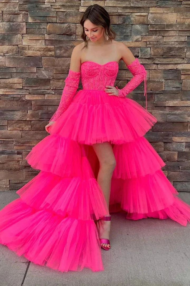 Paige |A-Line Asymmetrical Strapless Tiered Tulle Prom Dress by KissProm