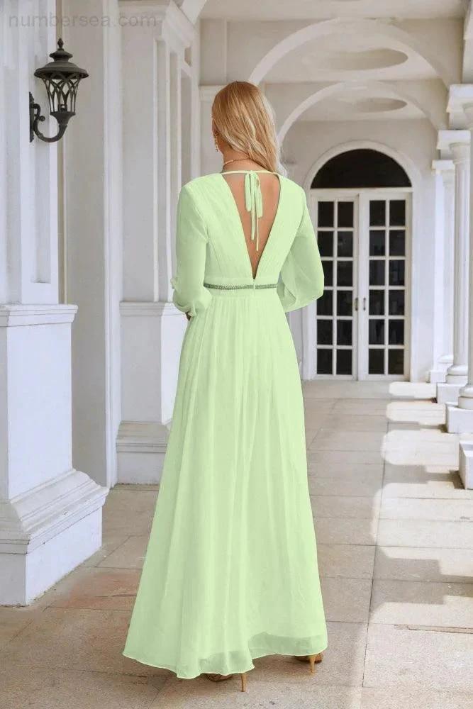 Ladies V Neck Chiffon Long Sleeve Front Slit Bridesmaid Evening Dress Wedding Party Shopping Evening Dress 28109 by numbersea