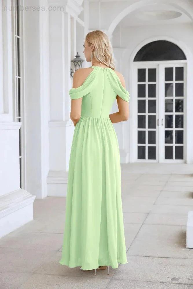 Ladies Chiffon Off Shoulder Swing Sleeve Front Slit Bridesmaid Evening Dress Wedding Party Evening Dress 28117 by numbersea