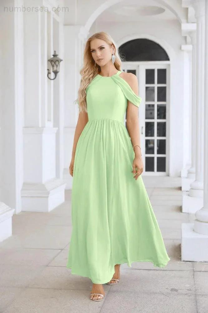 Ladies Chiffon Off Shoulder Swing Sleeve Front Slit Bridesmaid Evening Dress Wedding Party Evening Dress 28117 by numbersea