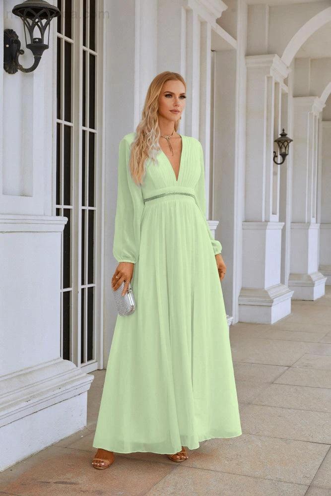 Ladies V Neck Chiffon Long Sleeve Front Slit Bridesmaid Evening Dress Wedding Party Shopping Evening Dress 28109 by numbersea