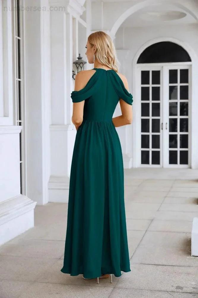 Ladies Chiffon Off Shoulder Swing Sleeve Front Slit Bridesmaid Evening Dress Wedding Party Evening Dress 28117 by numbersea