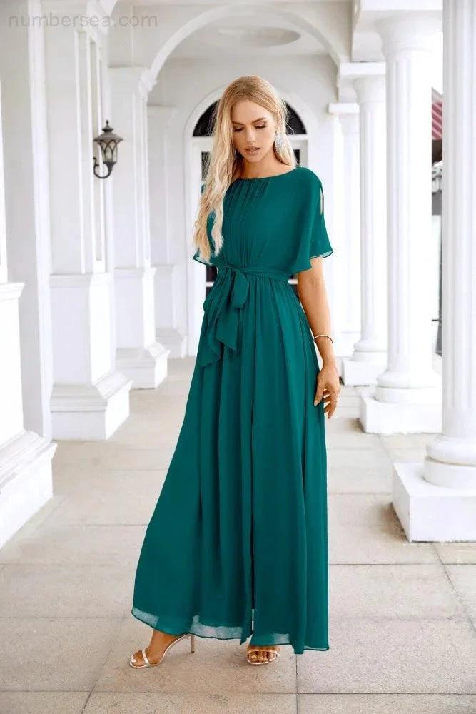 Ladies Chiffon Sleeve Crew Neck Front Slit Floor Length Bridesmaid Evening Dress Wedding Party Evening Dress 28124 by numbersea