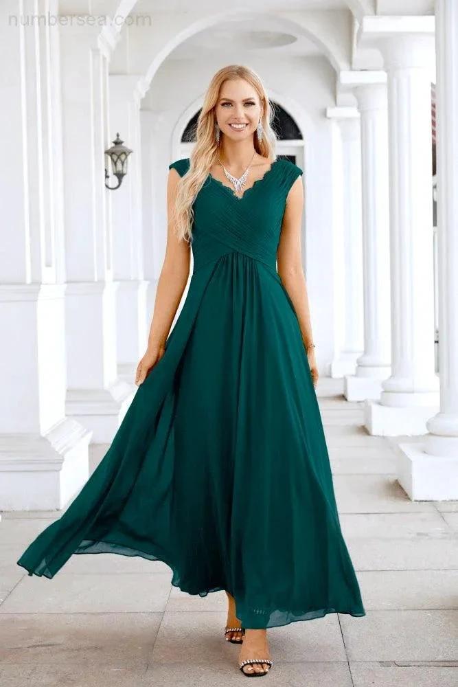 Ladies Chiffon V Neck Sleeveless Floor Length Bridesmaid Evening Dress Wedding Party Evening Dress 28126 by numbersea