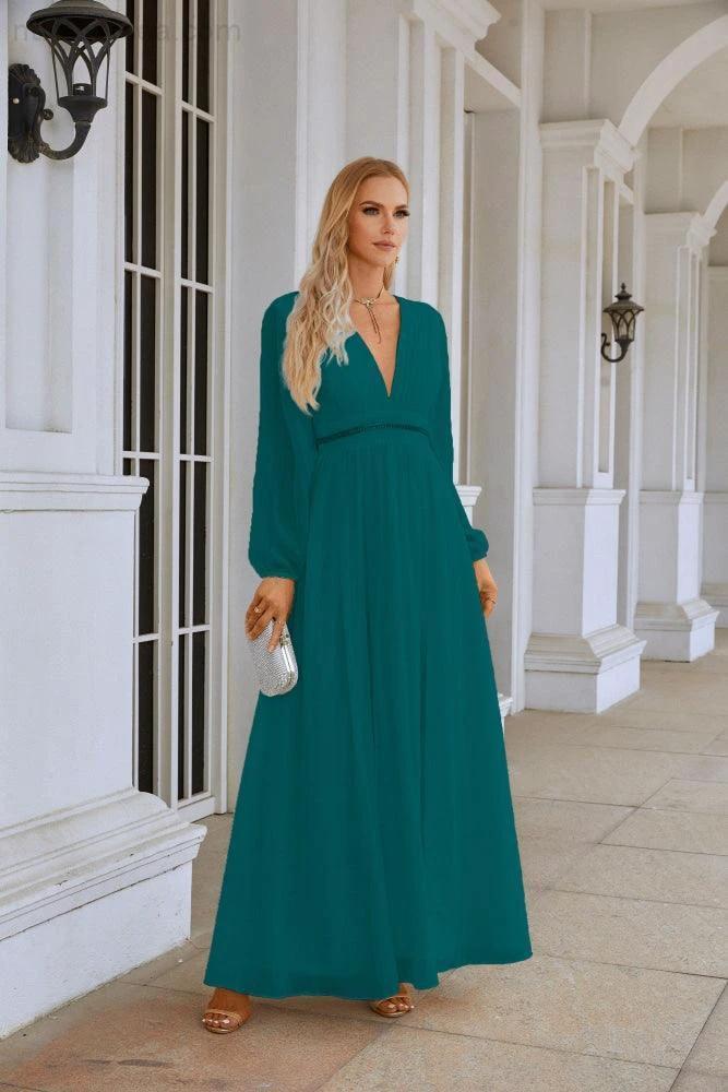 Ladies V Neck Chiffon Long Sleeve Front Slit Bridesmaid Evening Dress Wedding Party Shopping Evening Dress 28109 by numbersea