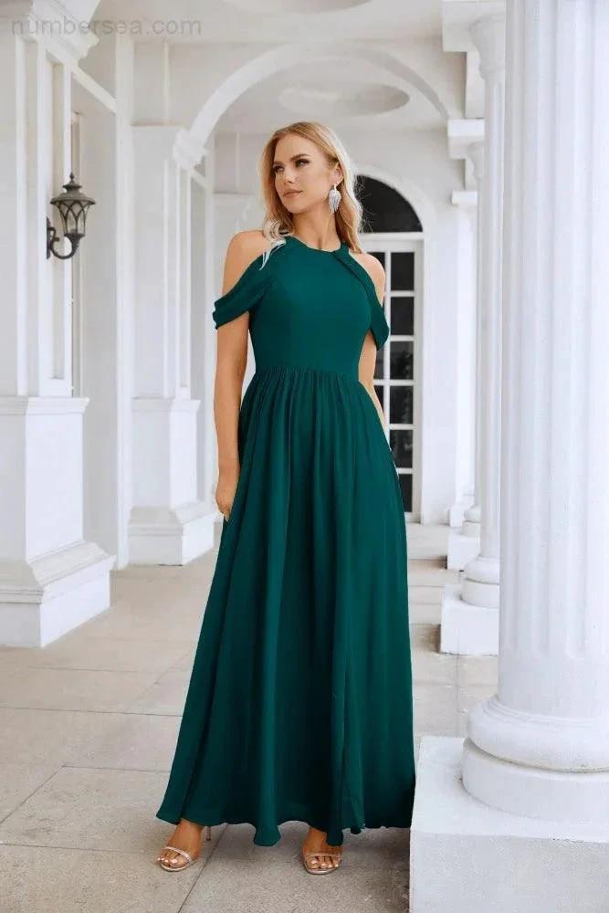 Ladies Chiffon Off Shoulder Swing Sleeve Front Slit Bridesmaid Evening Dress Wedding Party Evening Dress 28117 by numbersea