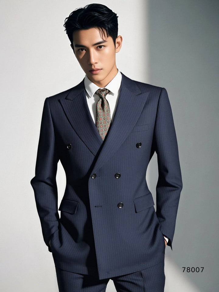 Double-Breasted Pinstripe Navy Wool Suit | Tailored Formal Groom &amp; Business Suit by 男装