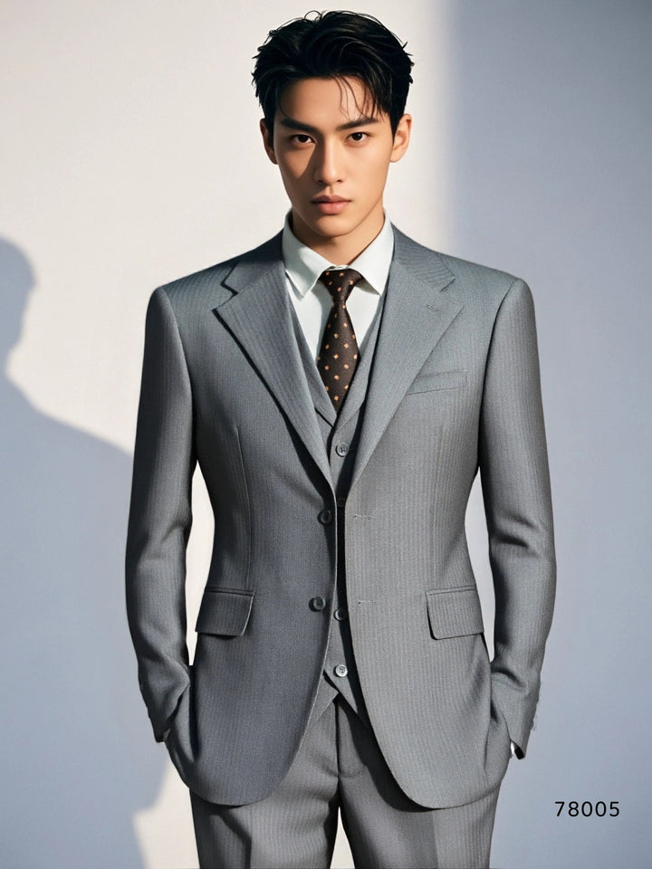 Three-Piece Subtle Pinstripe Grey Wool Suit | Tailored Formal Groom &amp; Business Suit by 男装