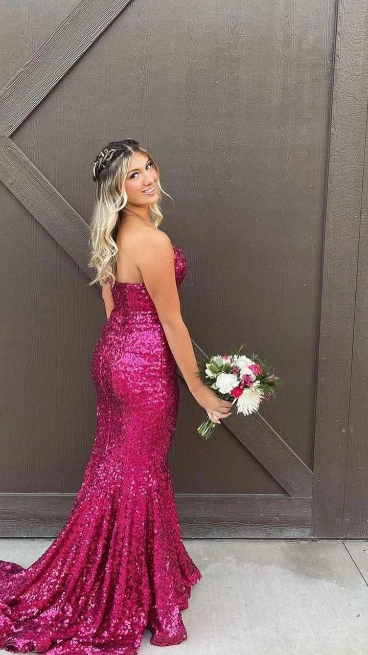 Strapless Fuchsia Sequins Long Prom Dress,Elegant Mermaid Evening Dress Y1876 by simplepromdress