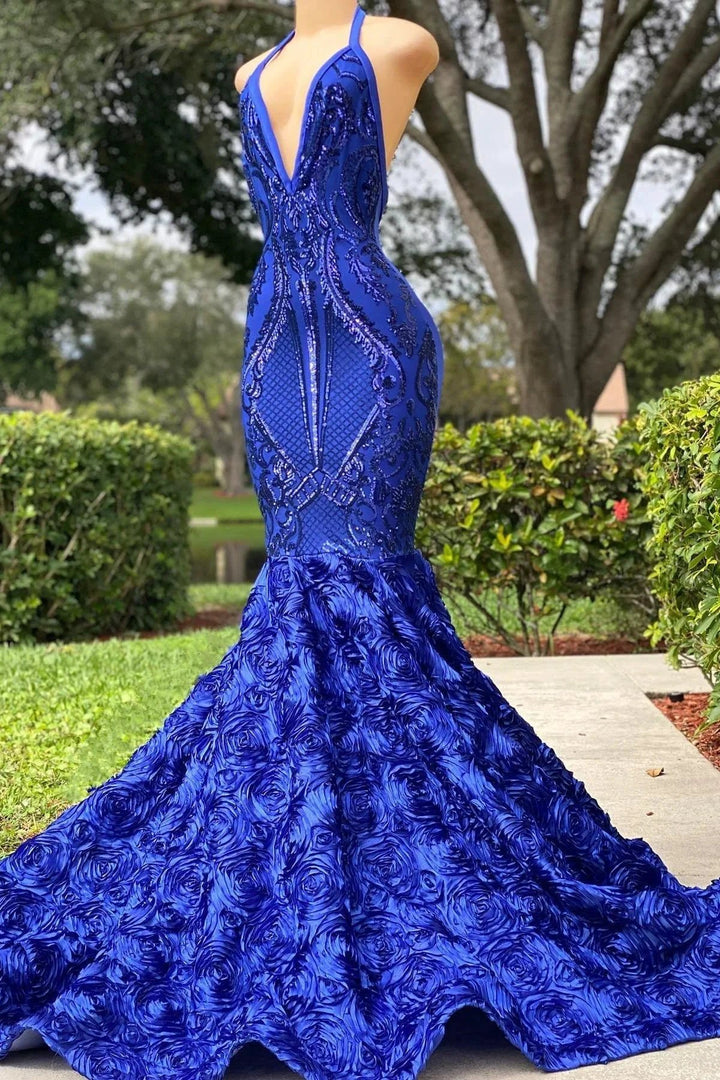 Royal Blue V-Neck Mermaid Prom Dress with Halter Neckline and Open Back by BIZTUNNEL