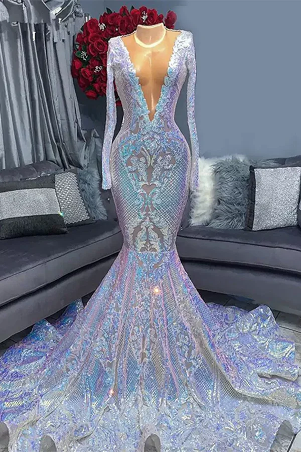 Robe de bal longue à manches longues, col en V, longueur au sol, sirène, ornée de paillettes