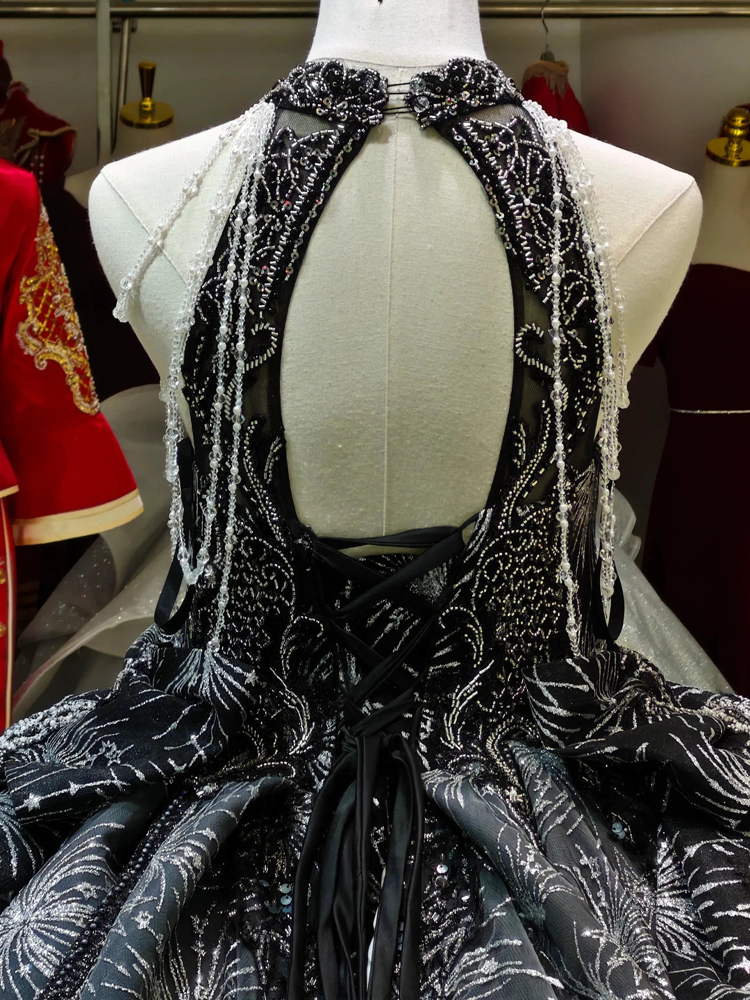 Dramatic Black Halter-Neck Ball Gown Wedding Dress with Firework Sequin Embroidery &amp; Beaded Tassels Ye-2035 by ZAPDRESS