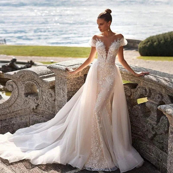 Luxury Detachable 2 In 1 Wedding Mermaid Dress Embroidered Lace On Net With Square Collar Sleeveless Bride Gowns Vestido De Novi by payinti