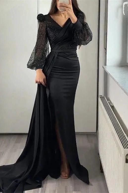 Long Sleeves V-neck Satin Mermaid Prom Dresses with Split by BIZTUNNEL