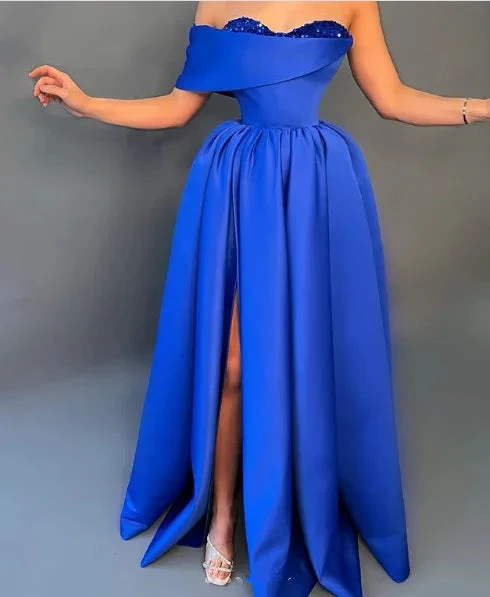 Elegant Blue Satin Sequins evening Dress Off The Shoulder Formal Slit Prom Dress Y8531 by simplepromdress