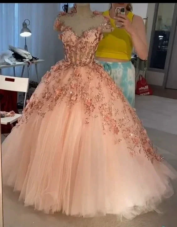 Blush Pink Flowers Applique Ball Gown,A Line Tulle Prom Dresses,Quinceanera Dresses Y388 by simplepromdress