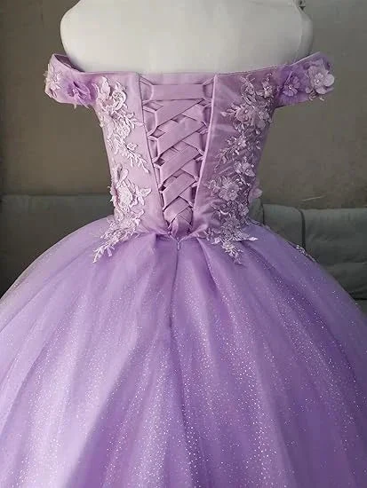 Off the shoulder blue ball gown , sparkly prom dress with flowers S26908 by simplepromdress