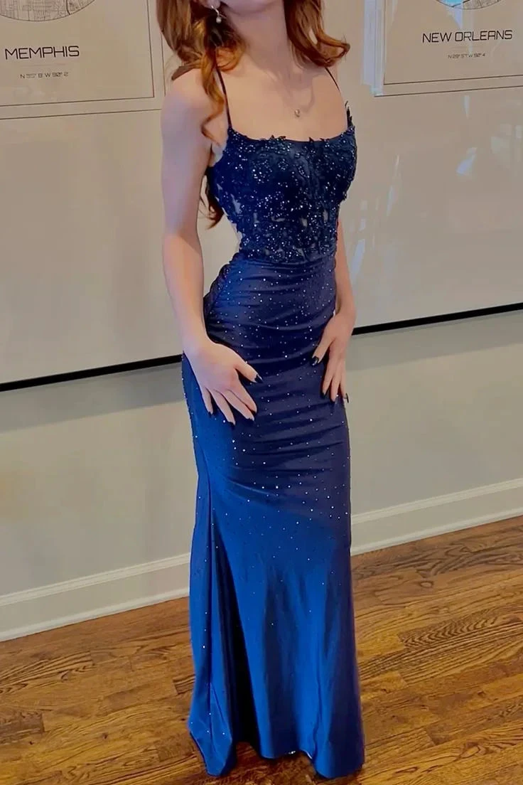 Sexy Blue Spaghetti Straps Appliques Mermaid Slit Evening Dress Prom Dress Y7827 by simplepromdress