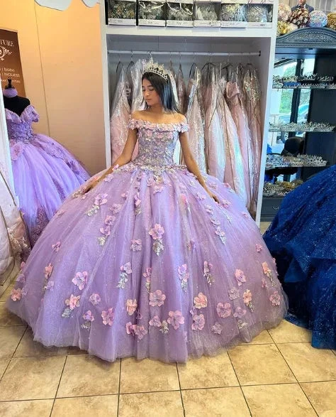 Lavender Applique Off Shoulder Shiny Elegant Tulle Ball Gown 3D Flowers Princess Dress Sweet 15th Y285 by simplepromdress