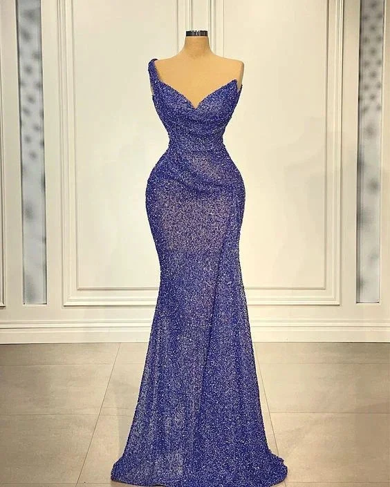 ZAPDRESS elegant blue sequin evening gown on mannequin against white wall background