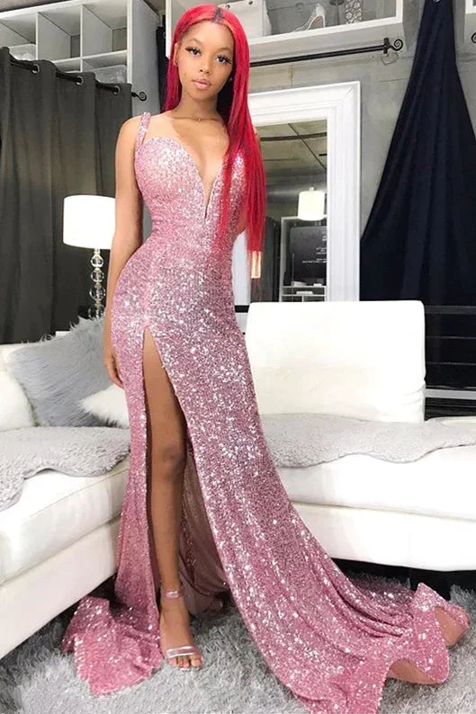 Sequins Pink Prom Dresses Cheap | Mermaid Sexy Slit Formal Evening Gowns Long Y978 by simplepromdress