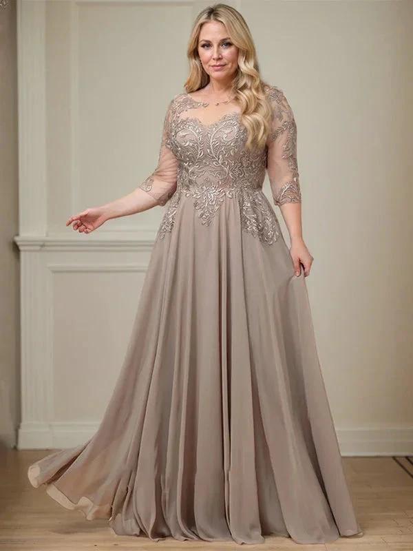 A-line Scoop Illusion Floor-Length Lace Chiffon Mother of the Bride Dress With Sequins by Dreamylily