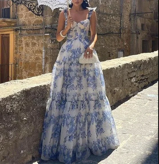A-line Blue Floral Print Long Prom Dress Blue Evening Dress Y2560 by simplepromdress