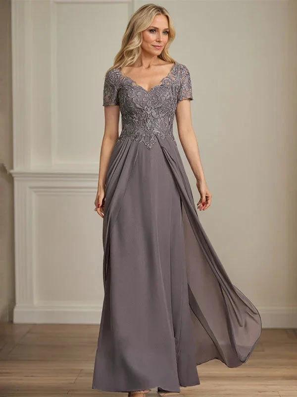 A-line V-Neck Floor-Length Chiffon Lace Mother of the Bride Dress by Dreamylily