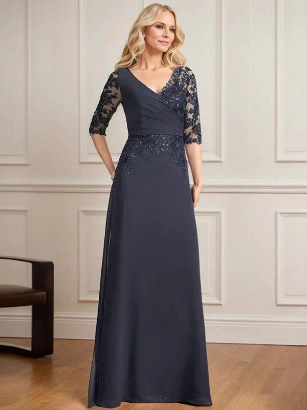 A-line V-Neck Floor-Length Lace Chiffon Mother of the Bride Dress With Pleated Sequins by Dreamylily