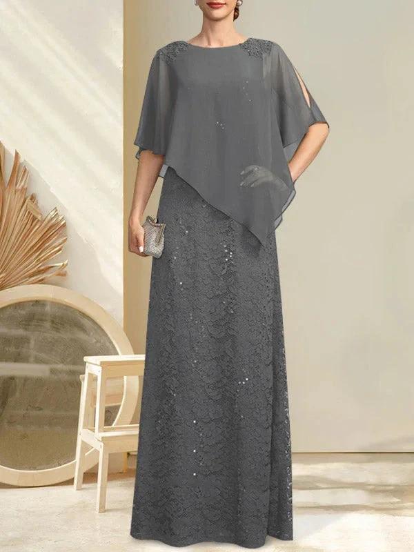 Sheath/Column Scoop Floor-Length Chiffon Lace Mother of the Bride Dress With Sequins Beading by Dreamylily
