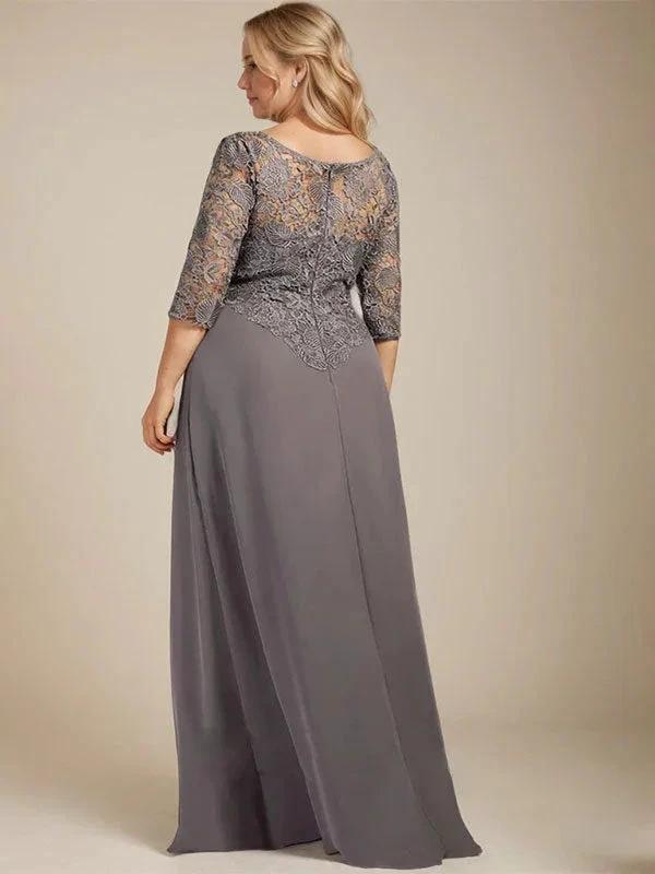 A-line Scoop Illusion Floor-Length Lace Chiffon Mother of the Bride Dress With Cascading Ruffles by Dreamylily