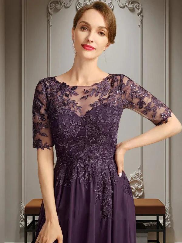 A-line Scoop Illusion Asymmetrical Chiffon Lace Mother of the Bride Dress With Sequins by Dreamylily