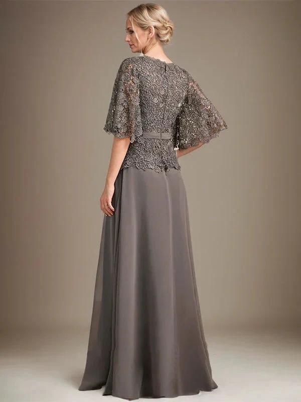 A-line V-Neck Floor-Length Chiffon Lace Mother of the Bride Dress With Crystal Brooch Rhinestone by Dreamylily