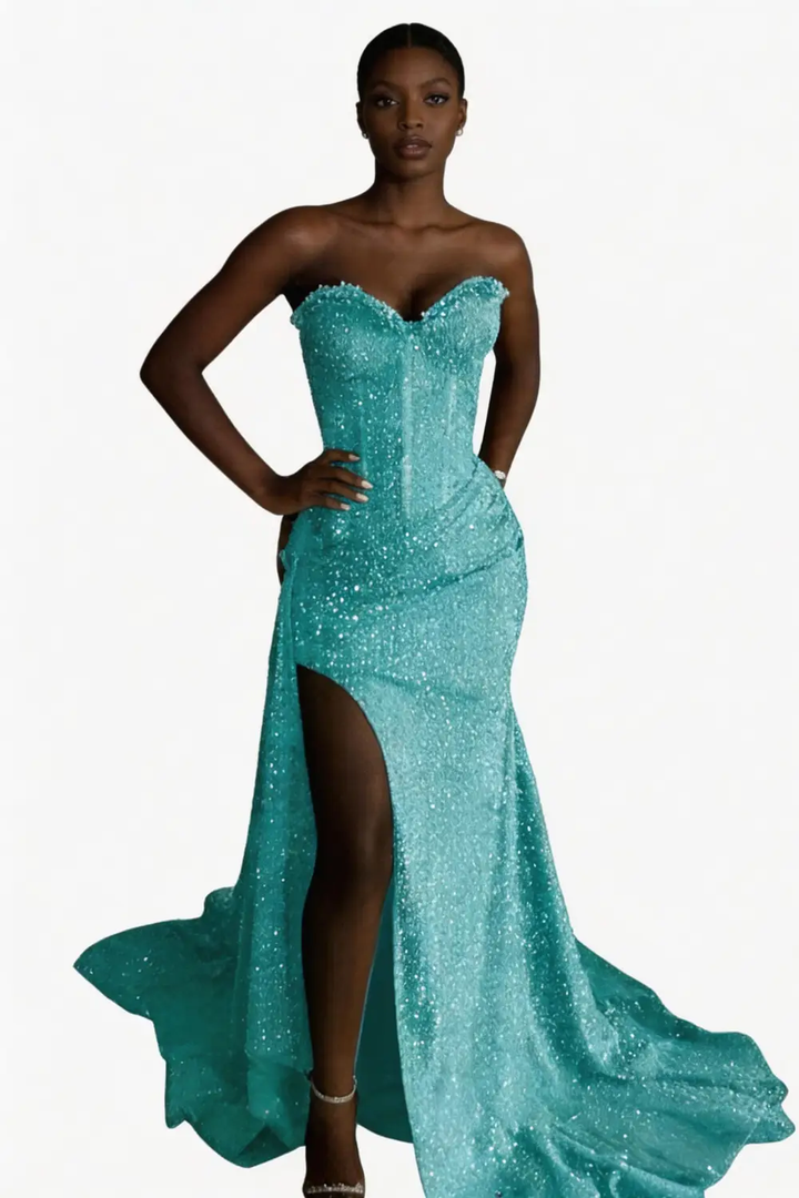 Lavender Sequin Strapless Sweetheart Mermaid Prom Dress with High Slit &amp; Train by tangjianjun