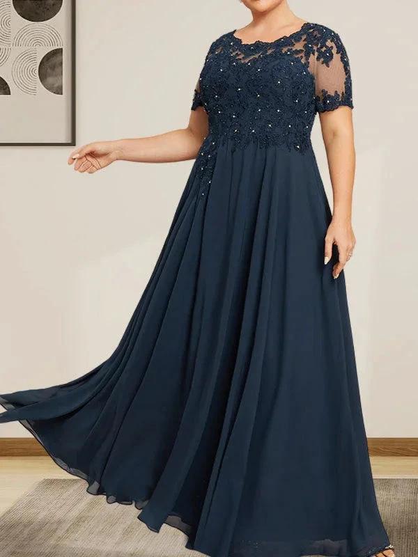 A-line Scoop Illusion Floor-Length Chiffon Lace Mother of the Bride Dress With Sequins Beading by Dreamylily
