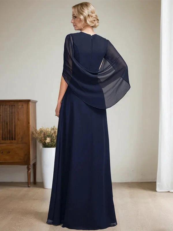 Dark Navy A-Line V-Neck Long Mother of Bride Dress by Dreamylily